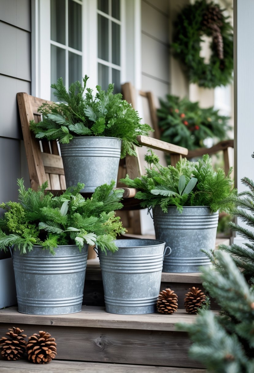 Vintage galvanized metal buckets filled with greenery arranged on a front porch with wooden steps and winter decorations.